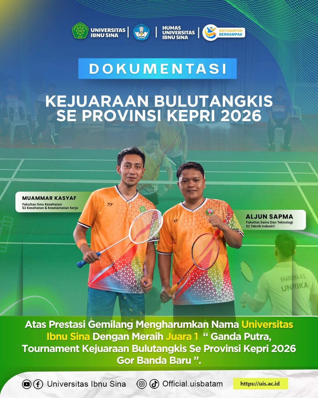 Mahasiswa UIS Raih Juara 1 Ganda Putra Kejuaraan Bulutangkis Se-Provinsi Kepri 2026