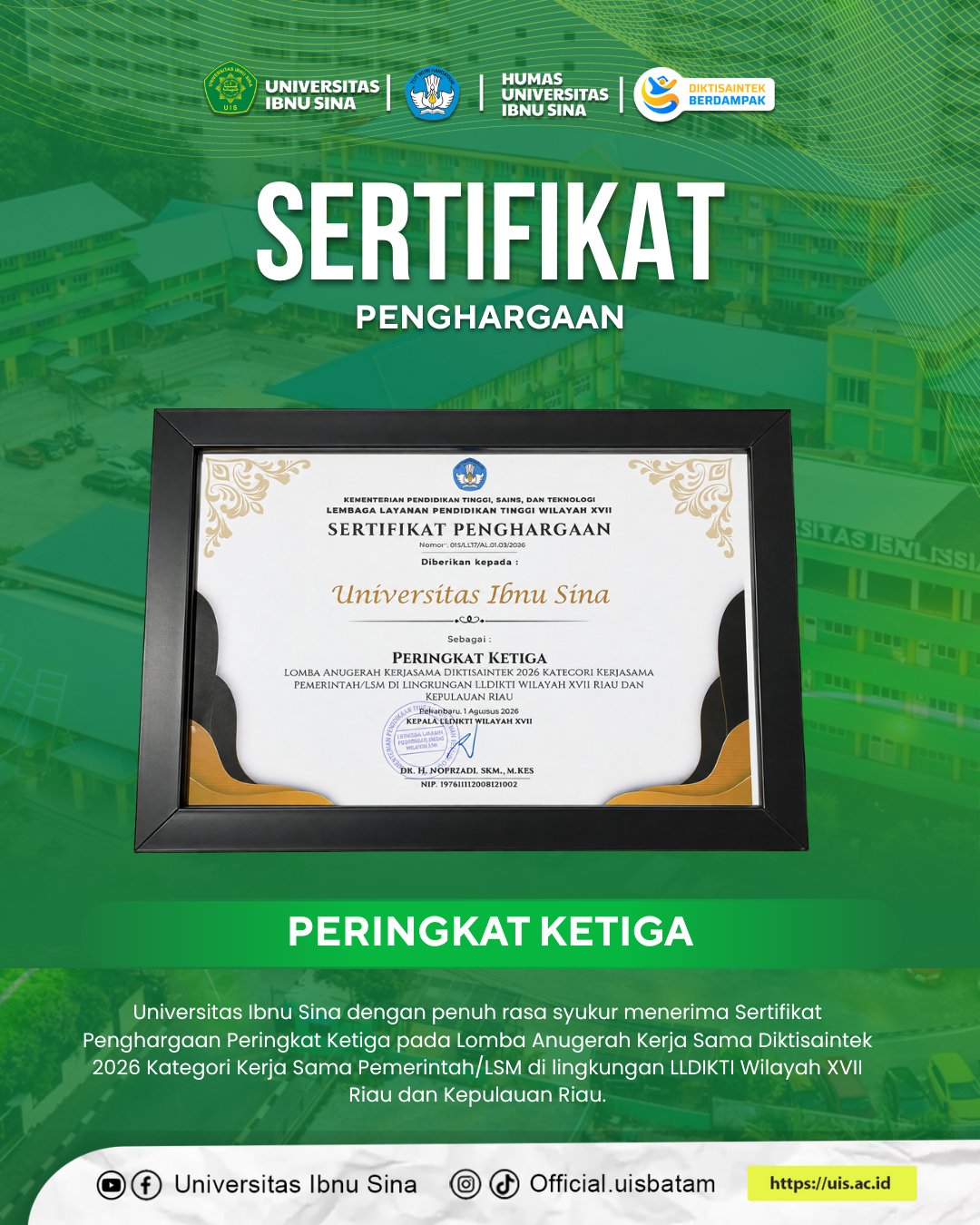 UIS Raih Peringkat Ketiga Anugerah Kerja Sama Diktisaintek 2026 LLDIKTI Wilayah XVII